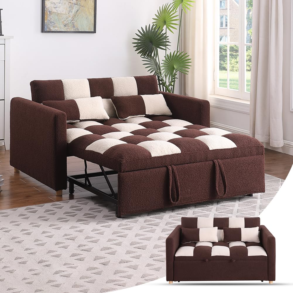 Otnqu Lonvertible Sofa Bed - 3 in 1 Loveseat Sleeper Sofa,Pull Out Sleeper Bed with Adjustable Backrest,Multi-Functiona Lounge Chair with Teddy Fabric for Living Room(Brown+Beige)