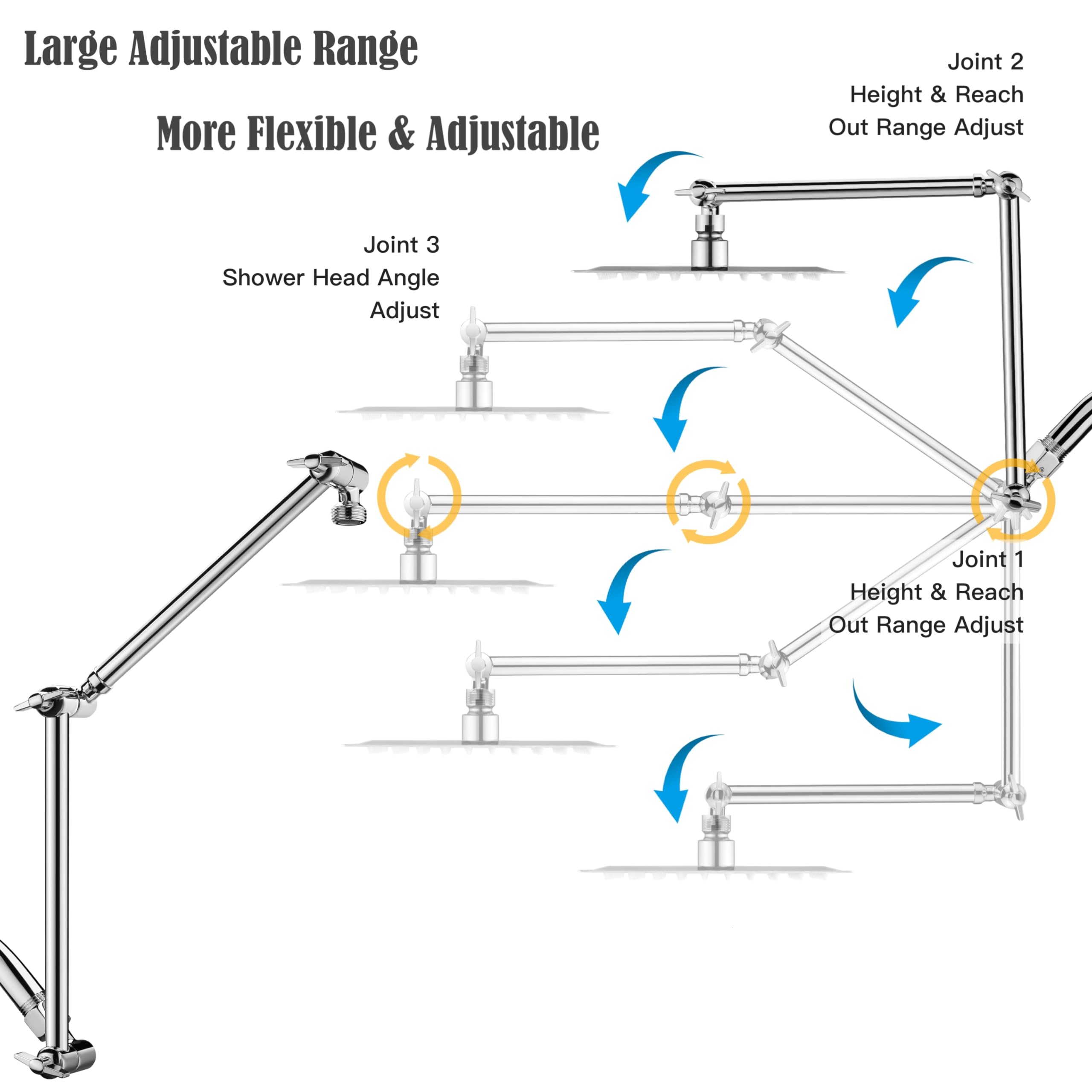 16 inch Dual Extension Extra Long Adjustable Shower Head Extension Arm With Locking Set Screw, Singing Rain Brass Angle Height Adjustable, G1/2 Universal Connector Compatible (Chrome Finish)