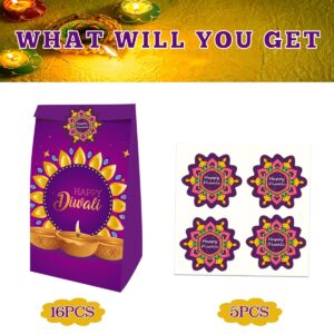 HABDJILTY 20Pcs Happy Diwali Gift Bags + 20pcs Stickers,Festival of Lights Gifts Bags for Birthday Gift Packs Snacks Candy Bags Diwali Party Favor