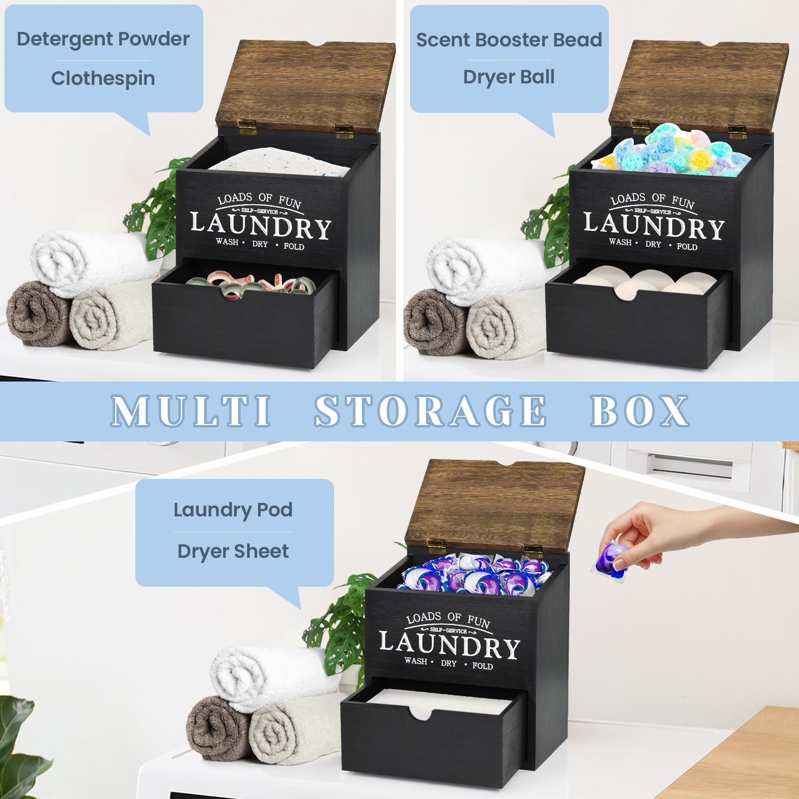 Dryer Sheet Container for Laundry Room Organization, Laundry Pods Container with Lid and Drawer, Laundry Detergent Dispenser Organizer Box, Wood Dryer Sheet Holder for Laundry Room Decor (Black)