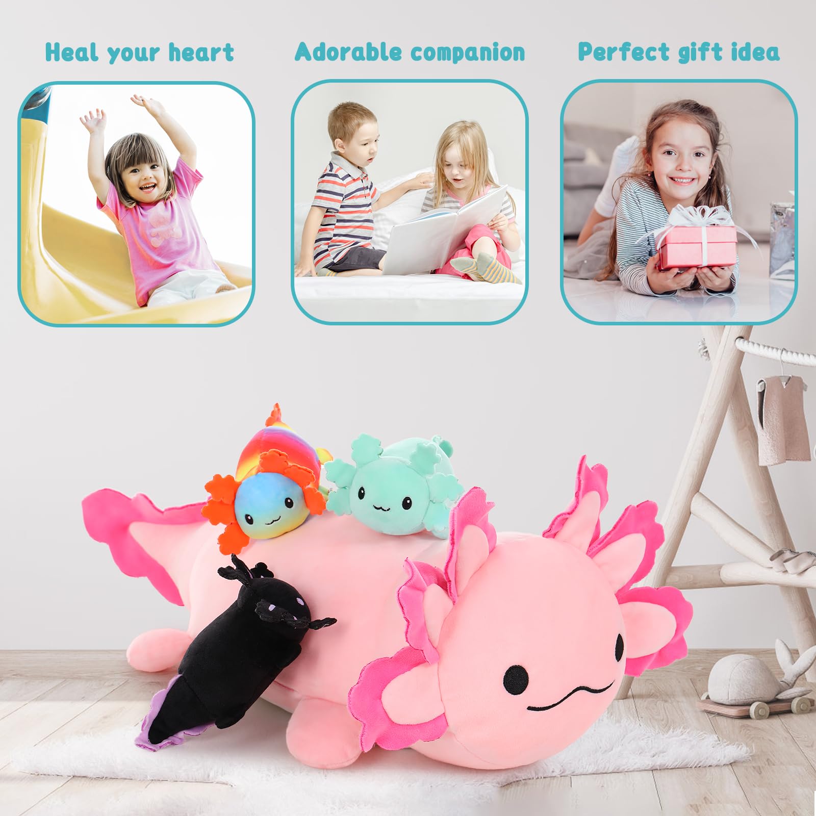 MaoGoLan 4Pcs Giant Axolotl Plush with 3 Babies Inside-23.5" Large Ultra Soft Axolotl Stuffed Animals Throw Pillow-Squishy Plush Collection Gift for Axolotl Lover,Kids,Teens