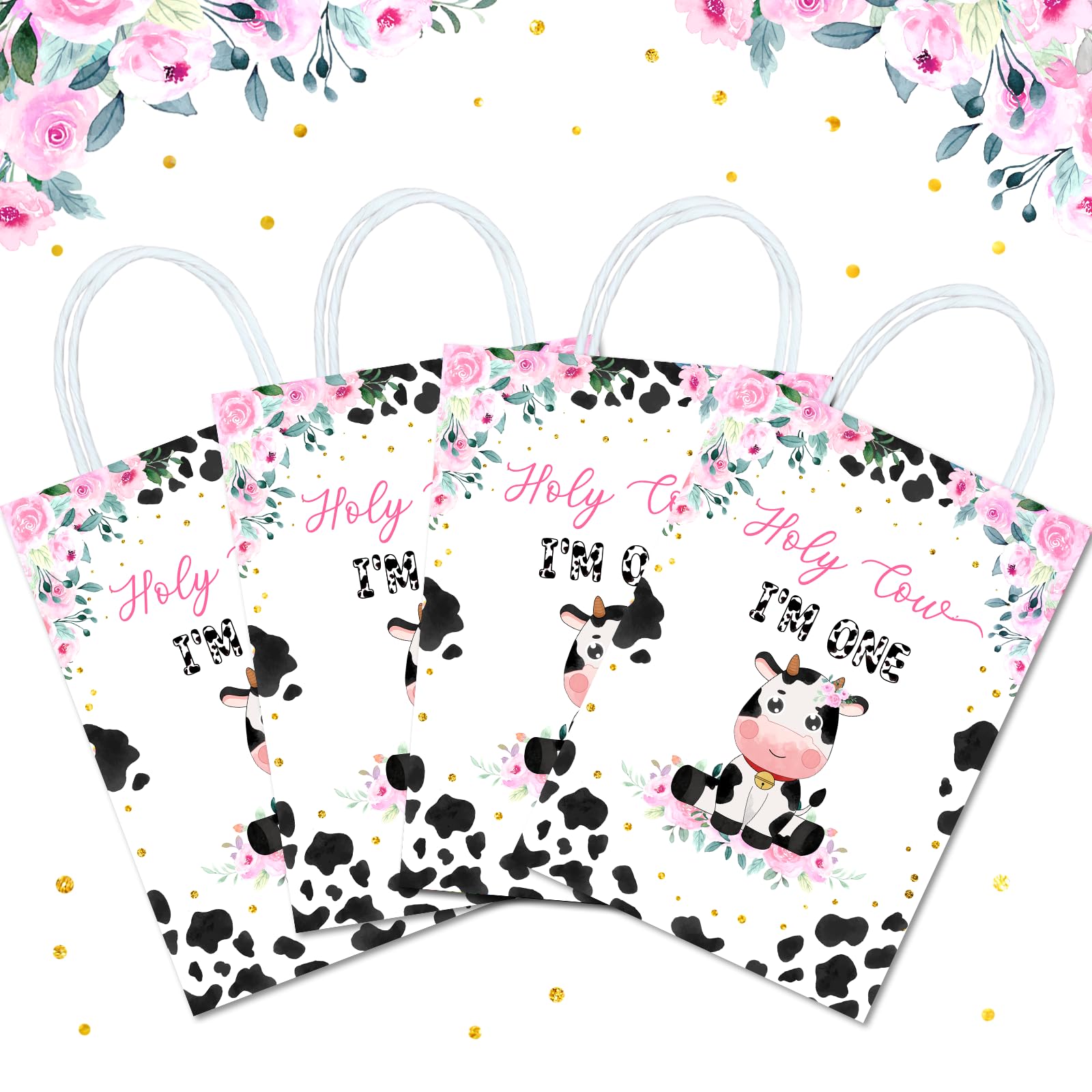 Tyndallrays 16 Pieces Holy Cow I'M ONE First Birthday Party Favors Bags,Holy Cow 1st Birthday Gift Snacks Treat Candy Party Favors Bags with Handles for Girls Boys 1st Birthday Party Decorations