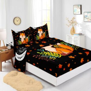 xynhml cute fox pattern twin fitted sheet deep pockets cartoon fox kid bed sheet set 4pcs wild animal bedding set moon leaves decorative includes 1 fitted sheet,1 flat sheet,2 pillowcases