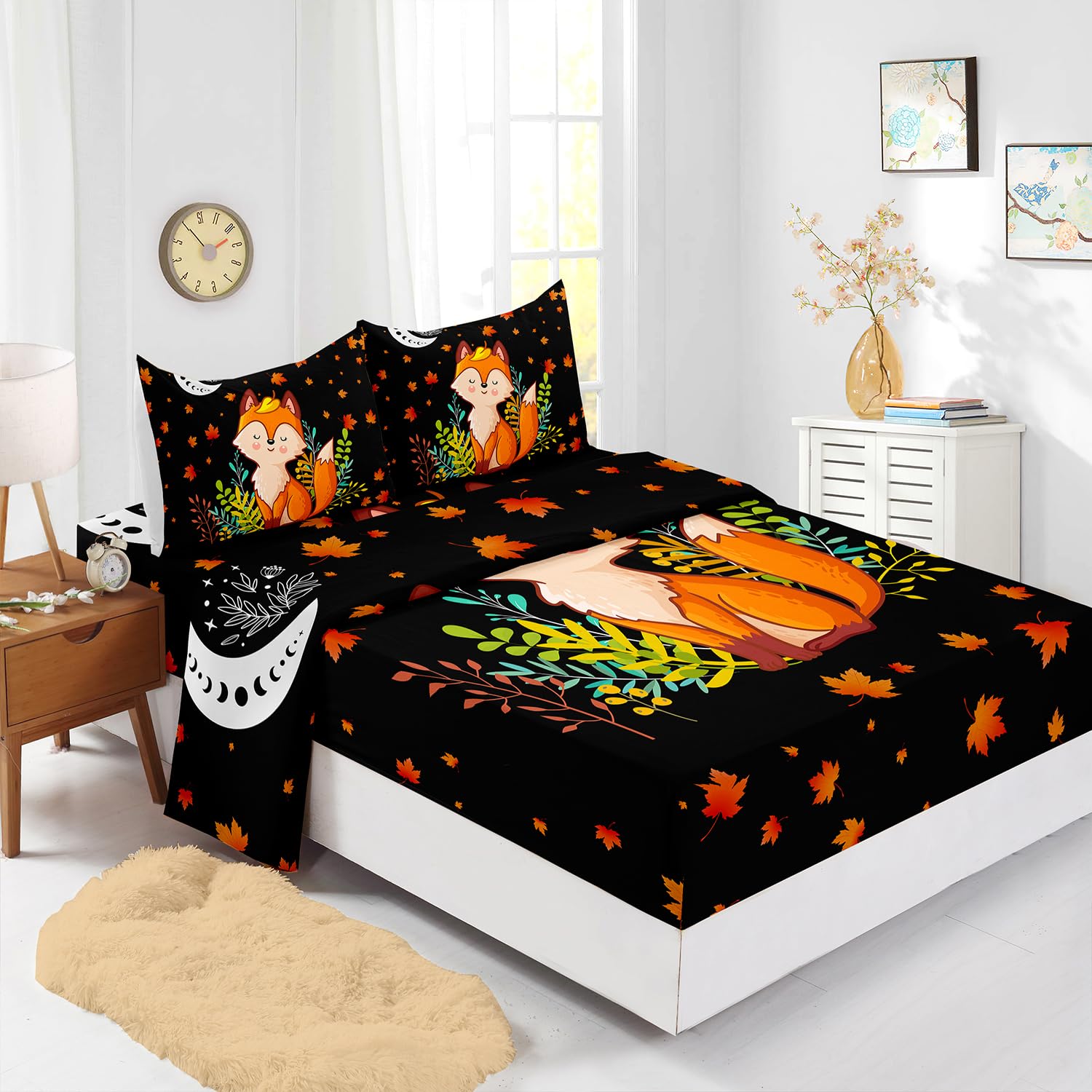 XYNHML Cute Fox Pattern Twin Fitted Sheet Deep Pockets Cartoon Fox Kid Bed Sheet Set 4Pcs Wild Animal Bedding Set Moon Leaves Decorative Includes 1 Fitted Sheet,1 Flat Sheet,2 Pillowcases