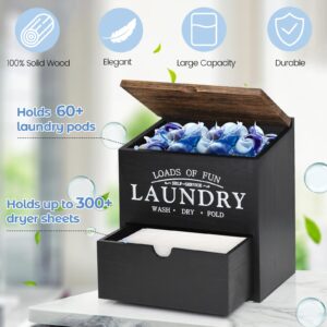 Dryer Sheet Container for Laundry Room Organization, Laundry Pods Container with Lid and Drawer, Laundry Detergent Dispenser Organizer Box, Wood Dryer Sheet Holder for Laundry Room Decor (Black)