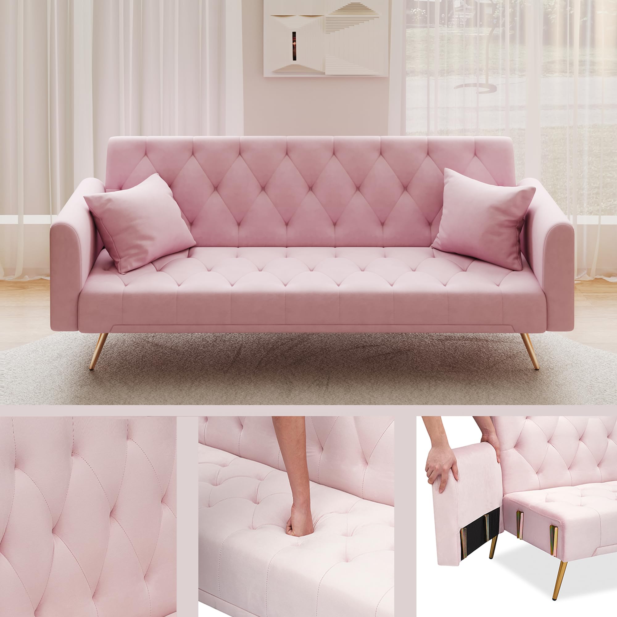 Modern Velvet Sofa Bed Futon with 2 Pillows,2-in 1 Convertible Sleeper Couch Bed,Folding Recliner Loveseat with Golden Metal Legs for Living Room Apartment Office (Pink) (Light Pink)