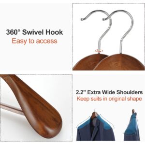 TOPIA HANGER Wide Shoulder Wooden Hangers, Suit Hangers with Non Slip Pants Bar & 360° Swivel Hook, Solid Wood Heavy Duty Coat Hanger, 6 Pack (Walnut)-CT02WA