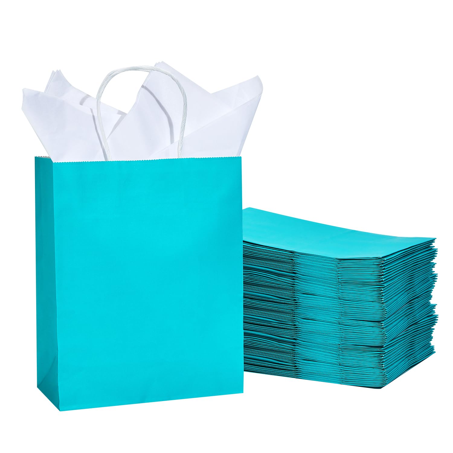 DjinnGlory 50 Pack Medium Size Teal Blue Paper Gift Bags with Handles 10x8x4 Inch and 50 White Tissue Paper for Small Business Wedding Bridal Baby Shower Birthday Party Favors Goodies