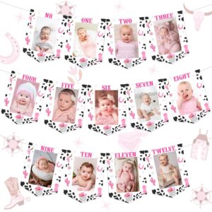 space cowgirl 1st birthday photo banner pink for girls, western disco monthly milestone photograph bunting garland, my first rodeo birthday baby shower decorations for baby from newborn to 12 months