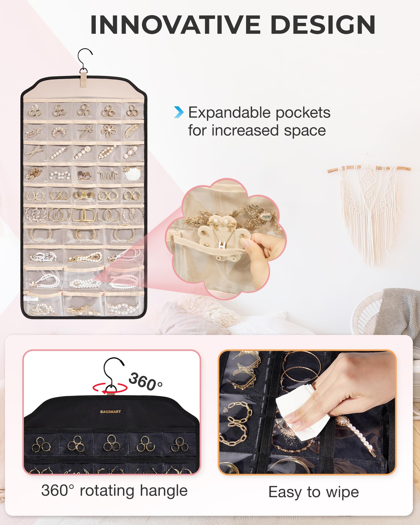 BAGSMART Hanging Jewelry Organizer, Jewelry Holder Organizer Accessories Organizer, 68 Pocket Earring Organizer Organizer for Wall Holding Jewelry,Extra Large Black, 1 Piece