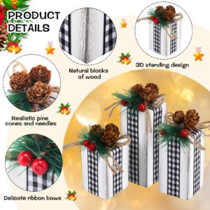 3 Pcs Christmas Table Centerpieces Christmas Table Decor Faux Present Wooden Blocks Rustic Decoration with Buffalo Plaid Bowknot for Holiday Xmas Tree Shelf Tiered Tray Decor (Black, White)