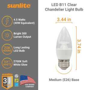 Sunlite LED B11 Clear Chandelier Light Bulb, 4.5 Watts (40W=), 300 Lumens, 120 Volts, Dimmable, Medium E26 Base, Energy Star, 90 CRI, ETL Listed, Torpedo Tip, 2700K Soft White, 6 Pack