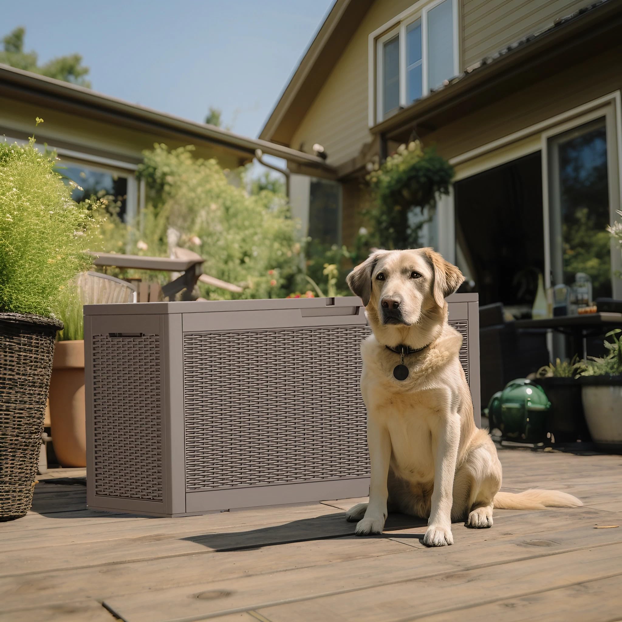 KFY deck box,100-gallon indoor and outdoor storage box made of waterproof and sun-resistant resin material, meeting storage needs for the living room, patio, swimming pool, and toolshed (light khaki)