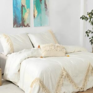 INDACORIFY 3 Pcs Boho Tassel Duvet Cover with Fringes Bedding Washed Duvet Cover Queen King Double Twin Custom Size Fringes Duvet Cover Boho Bedding (Over Size 108X108 Inches)