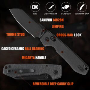 Vosteed EDC Knife, Lightweight Folding Pocket knife with Clip for Men and Women, Crossbar Lock Knife with 3.25" Sandvik 14C28N Steel Cleaver Blade, Micarta Handle for Camping, Hiking - Raccoon