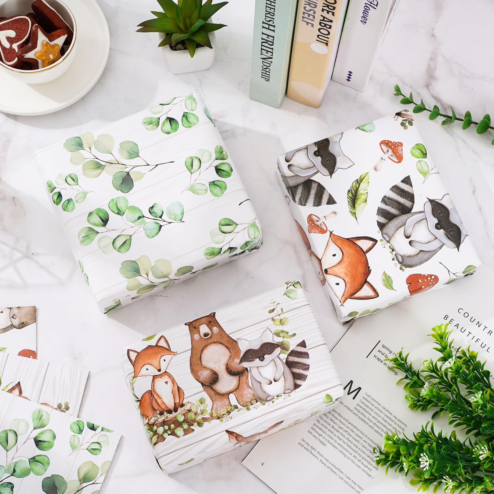 AnyDesign 12Pcs Woodland Creature Wrapping Paper Woodland Animal Eucalyptus Gift Wrap Paper Folded Flat Forest Theme Art Paper for Birthday Baby Shower DIY Crafts Gift Wrapping, 19.7 x 27.6 Inch