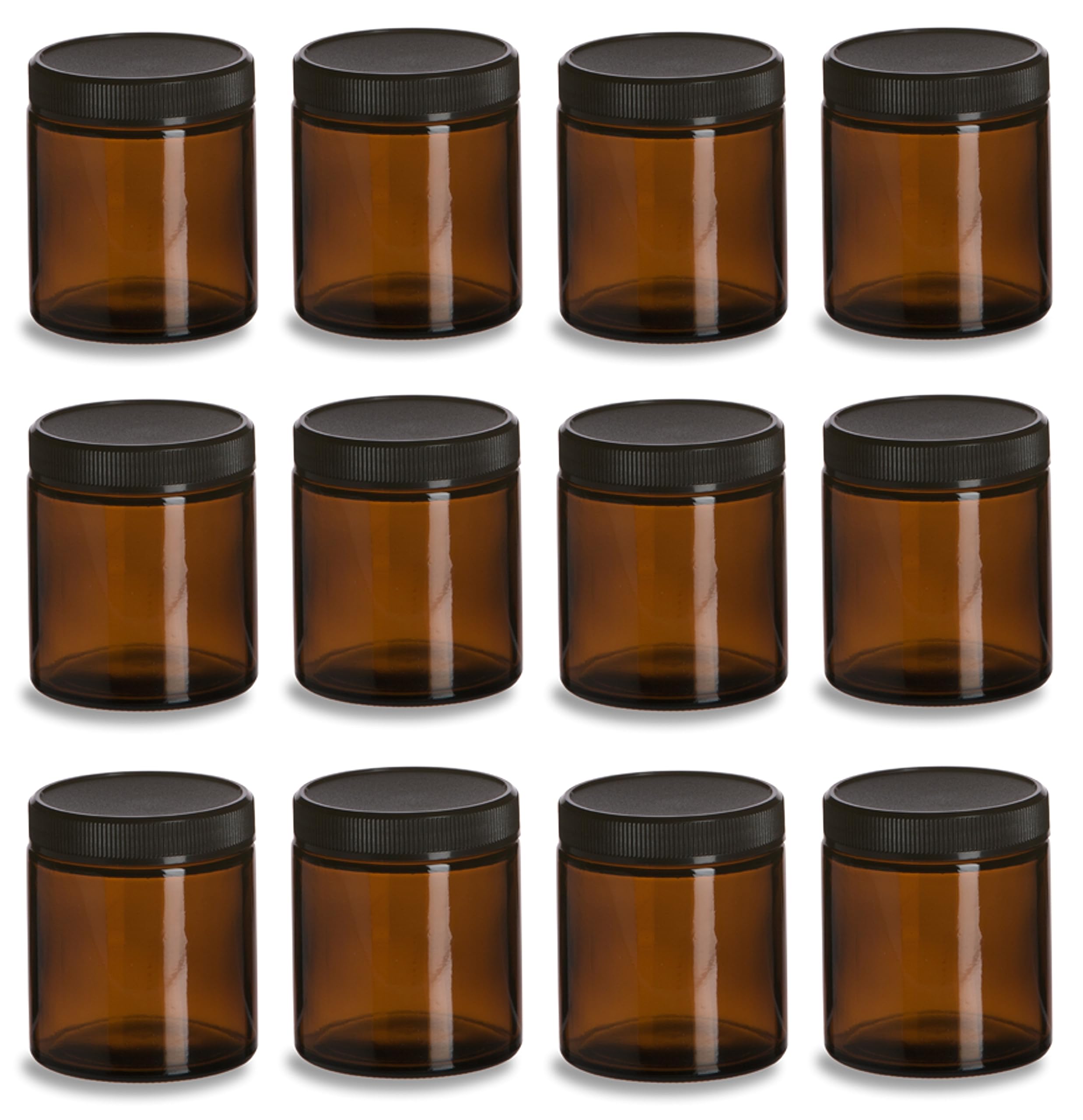 North Mountain Supply 6 Ounce Amber Glass Straight Sided Mason Canning Jars - with 63mm Black Plastic Lids - Case of 12