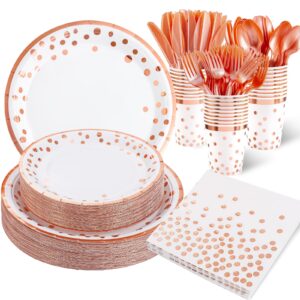 supernal 350pcs rose gold plates and napkins party supplies,happy birthday plates and napkins,rose gold paper plates,napkins,cups,rose gold plastic forks,knives,spoons for womens birthday decorations