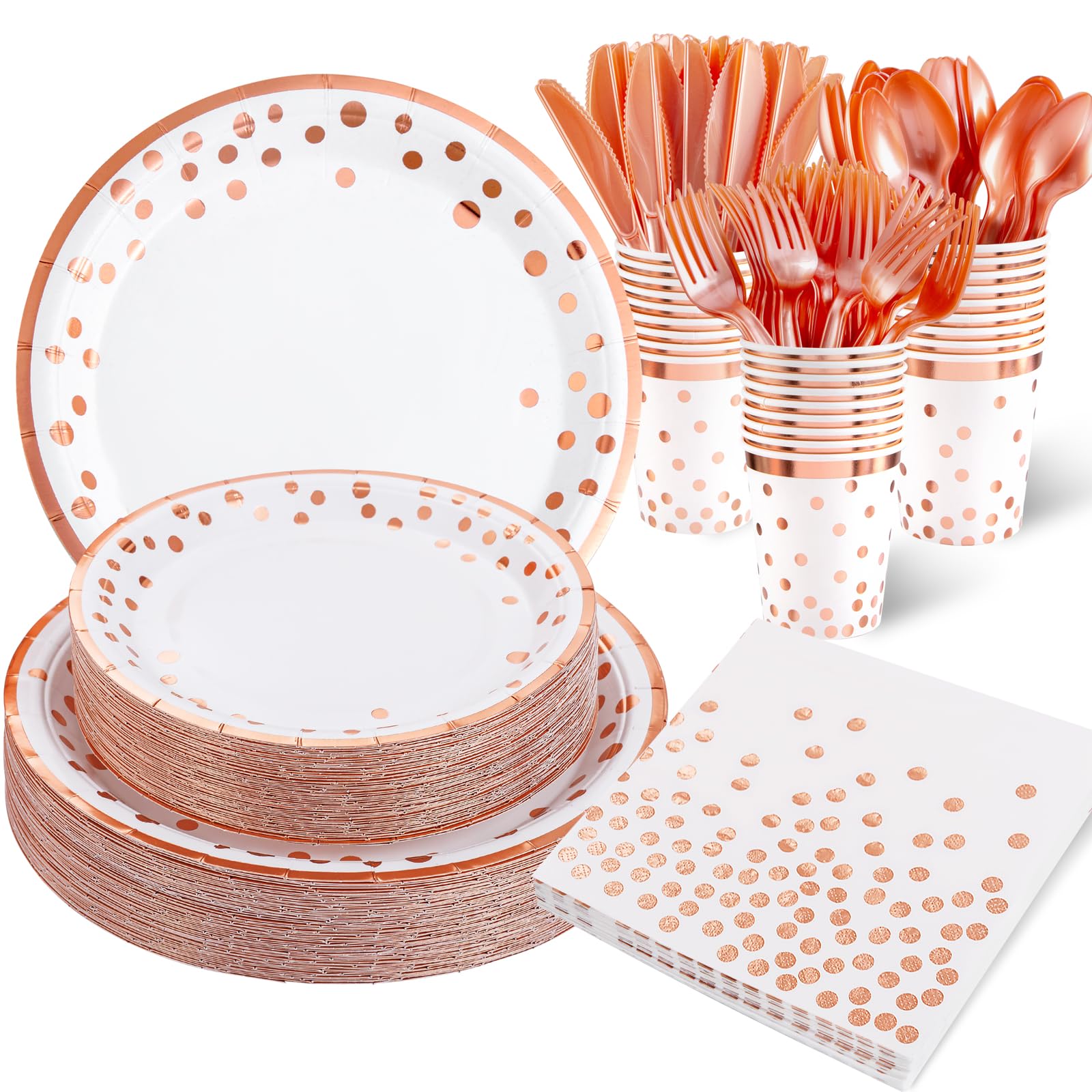 Supernal 350pcs Rose Gold Plates and Napkins Party Supplies,Happy Birthday Plates and Napkins,Rose Gold Paper Plates,Napkins,Cups,Rose Gold Plastic Forks,Knives,Spoons for Womens Birthday Decorations