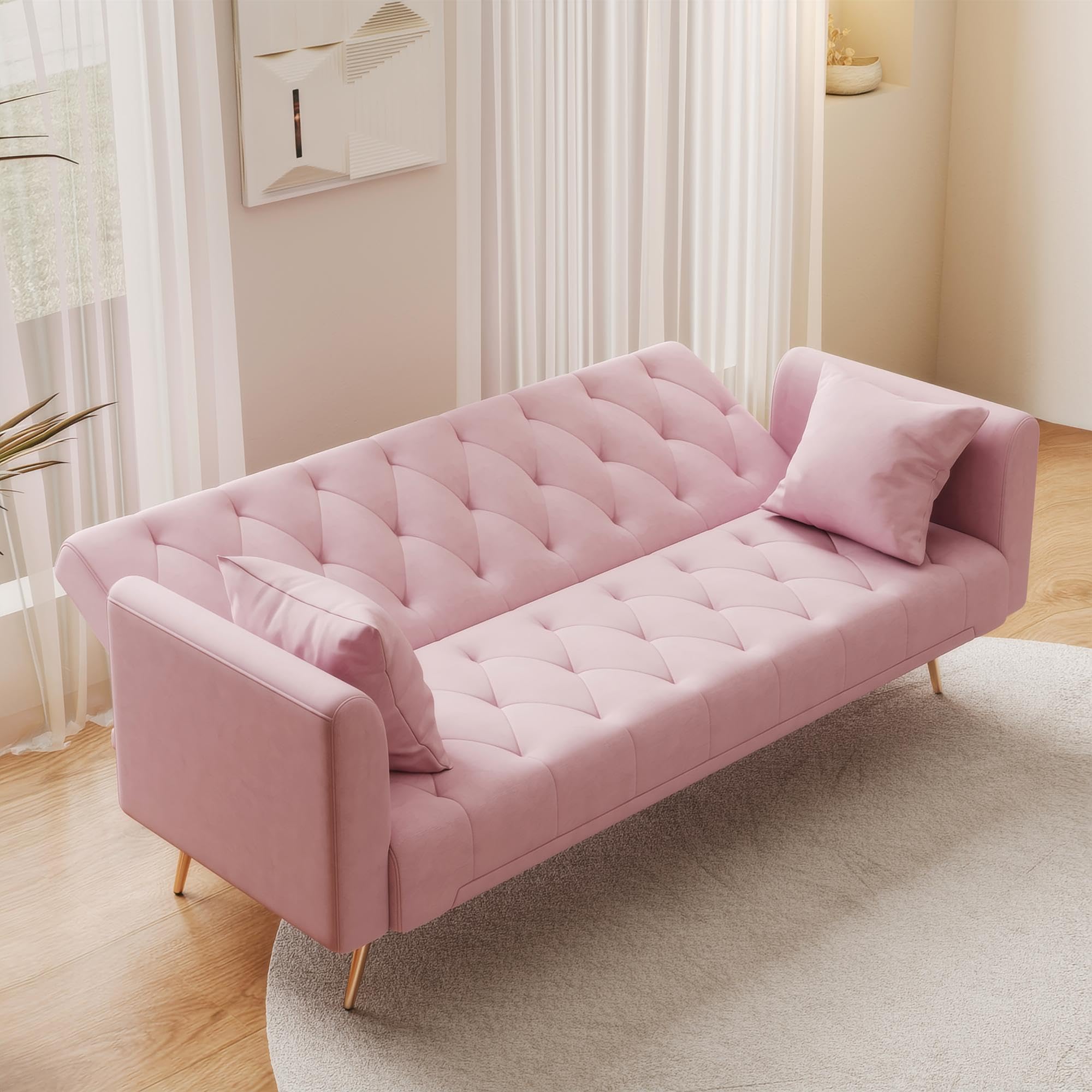 Modern Velvet Sofa Bed Futon with 2 Pillows,2-in 1 Convertible Sleeper Couch Bed,Folding Recliner Loveseat with Golden Metal Legs for Living Room Apartment Office (Pink) (Light Pink)