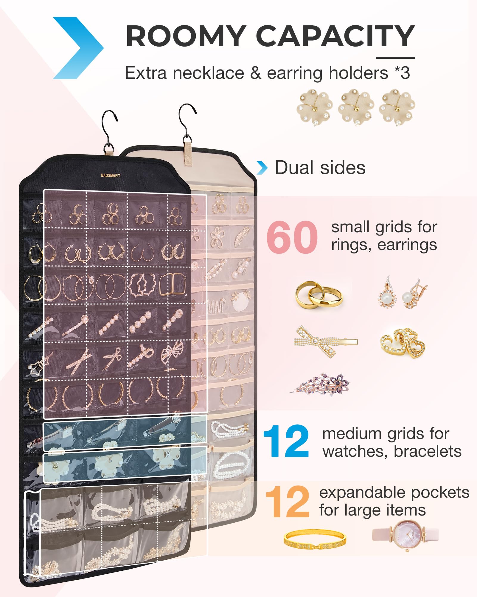 BAGSMART Hanging Jewelry Organizer, Jewelry Holder Organizer Accessories Organizer, 68 Pocket Earring Organizer Organizer for Wall Holding Jewelry,Extra Large Black, 1 Piece