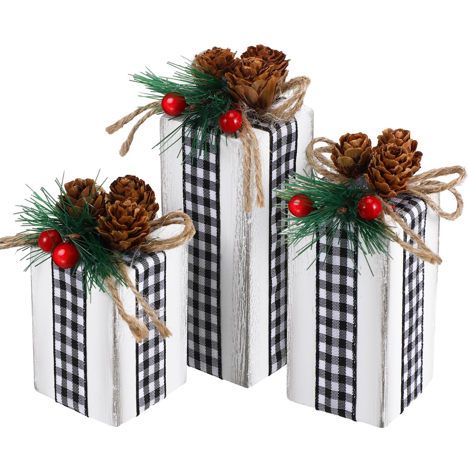 3 Pcs Christmas Table Centerpieces Christmas Table Decor Faux Present Wooden Blocks Rustic Decoration with Buffalo Plaid Bowknot for Holiday Xmas Tree Shelf Tiered Tray Decor (Black, White)