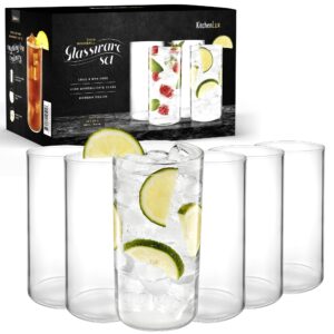 kitchen lux thin round drinking glasses set of 6-19 oz tall water glasses - highball glass cups set - elegant drinkware - deluxe glassware sets for sparkling cocktails, wine, beer, whiskey, dinner