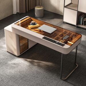 Lartis Office Desk, Very Easy to Assemble，Computer Desk, Home Telescopic Writing Desk, Storage Cabinet Retractable Corner, Built-in LED Lights, Five Large Storage Drawers, compartmentalized Storage