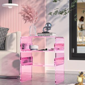 Clear Acrylic 3-Tier End Table/Nightstand – Sleek Bedside Storage with Durable Design, Perfect for Bedrooms, Living Rooms, or Modern Interiors – Ideal as a Bedside Table or Sofa Side Piece (Pink)