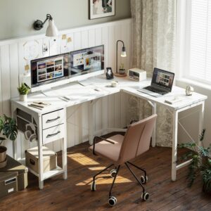 CubiCubi L-Shaped Computer Desk 59.1" with 2 Drawers and Shelves for Storage, Larger Gaming Corner Desk Workstation, Home Office Sturdy Writing Table, Space-Saving, Easy to Assemble, White