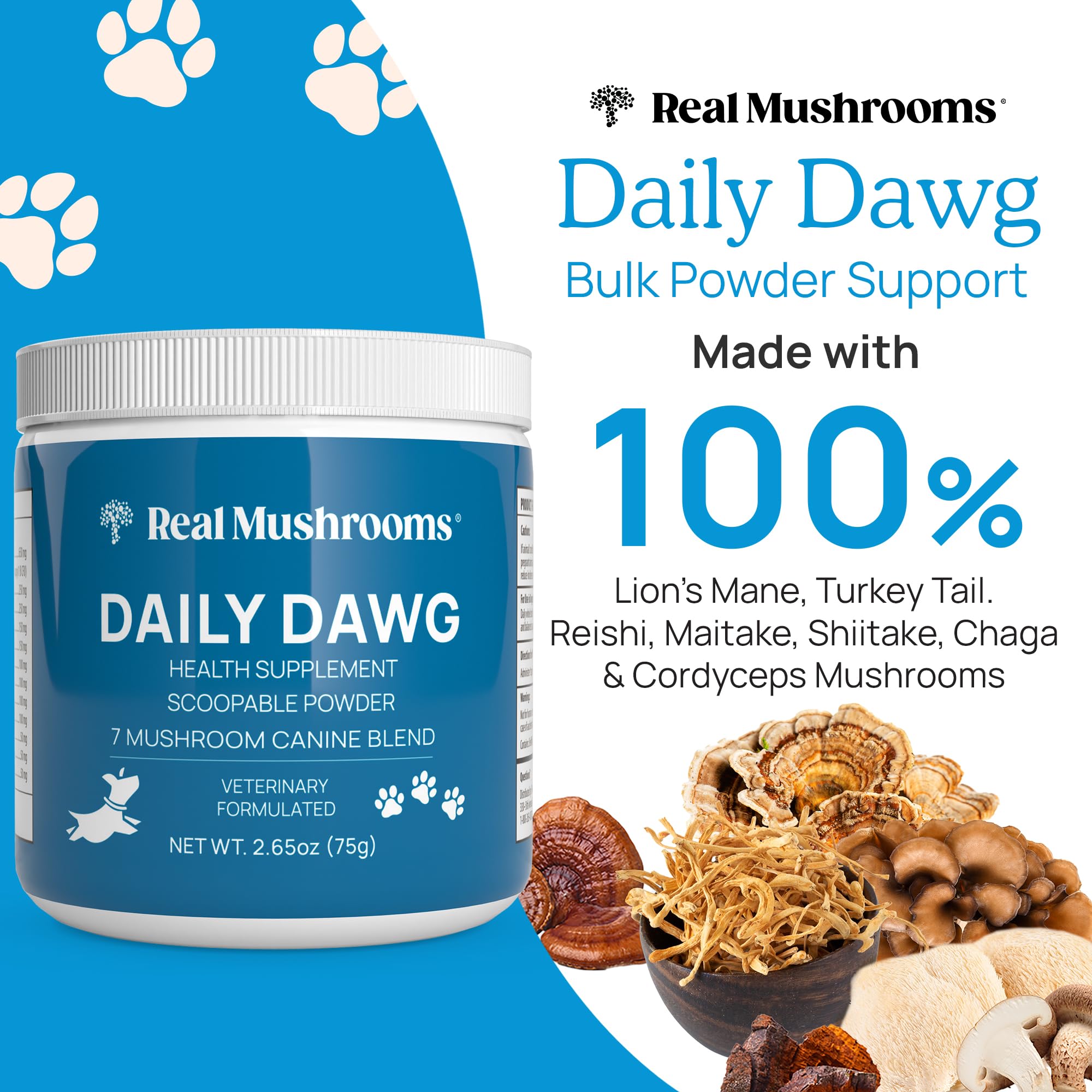 Daily Dawg Mushroom Extract Powder Support - (2.65 oz) Bulk Mushroom Powder Supplement & Dog Vitamins with Real Mushrooms Lion's Mane, Cordyceps Mushroom, Turkey Tail, Reishi & Shiitake