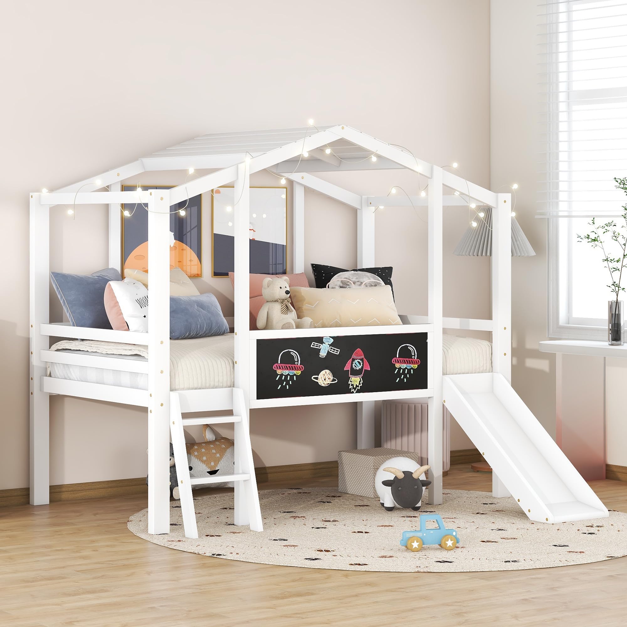 Kids House Bed with Slide, Twin Size Low Loft Bed with Light and Blackboard, Wood Treehouse Loft Bed with Ladder and Slats Support, White