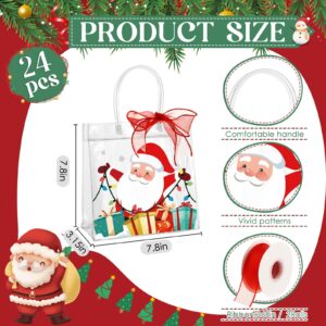 Henoyso 24 Pcs Christmas Clear Gift Bags Plastic Candy Treat Bags Snowman Santa Gift Bags with Handles and Ribbon PVC Gift Wrap Totes for Xmas Party Favors(7.8 x 7.8 x 3.1)