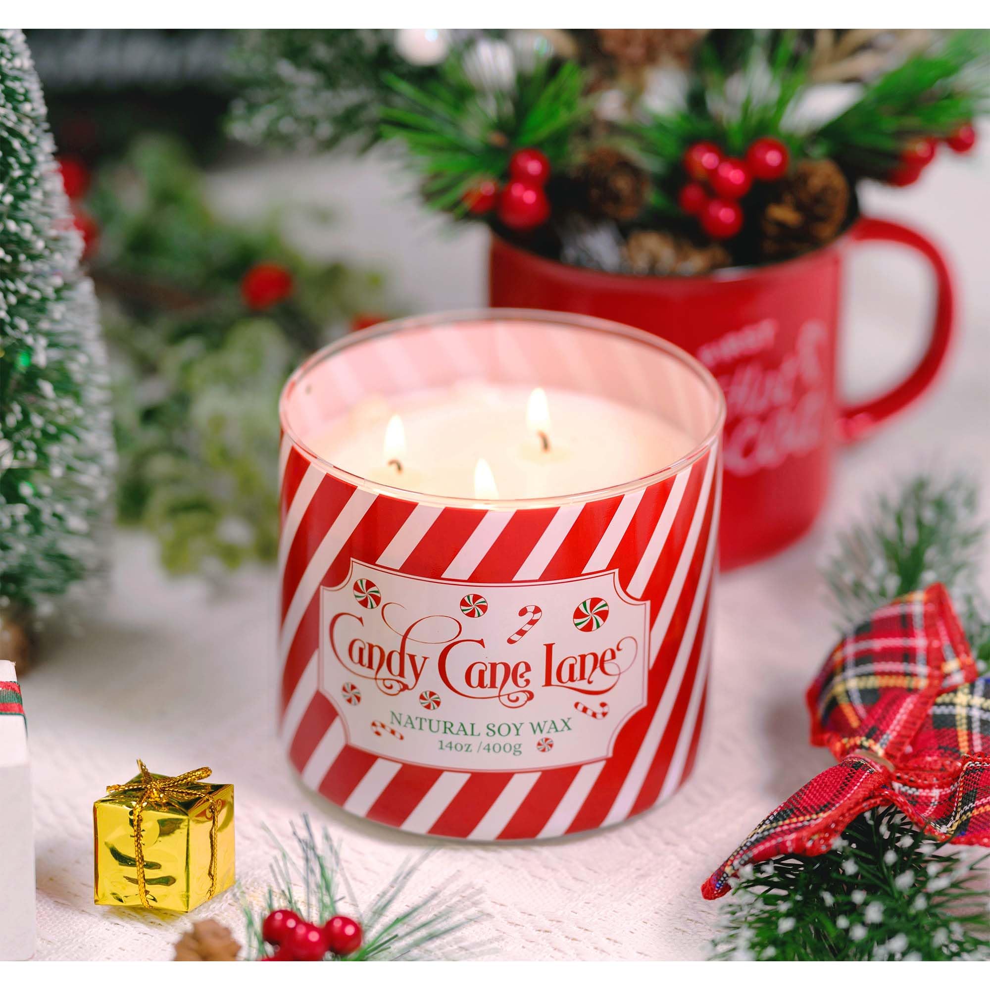 Christmas Candle, Christmas Candy Candle, Christmas Candle Gifts for Women Christmas Decorations, Large 3 Wicks Scented Candle for Christmas, 14 oz Soy Wax Candle