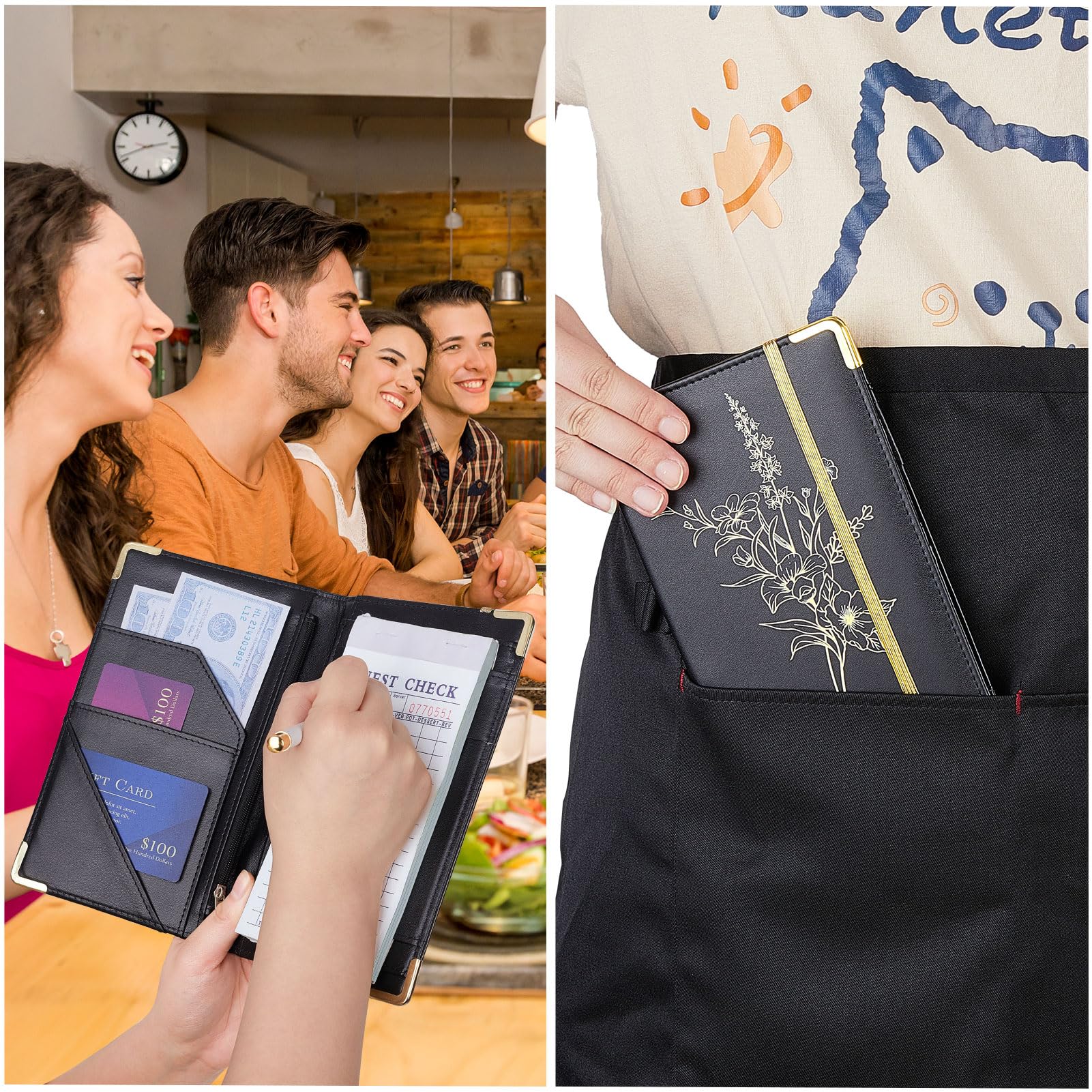 Lemmeko Server Book, PU Leather Server Books for Waitress with Zipper Pockets, Waitress Book with Pen Holder Fit Server Apron Check Presenters for Restaurants