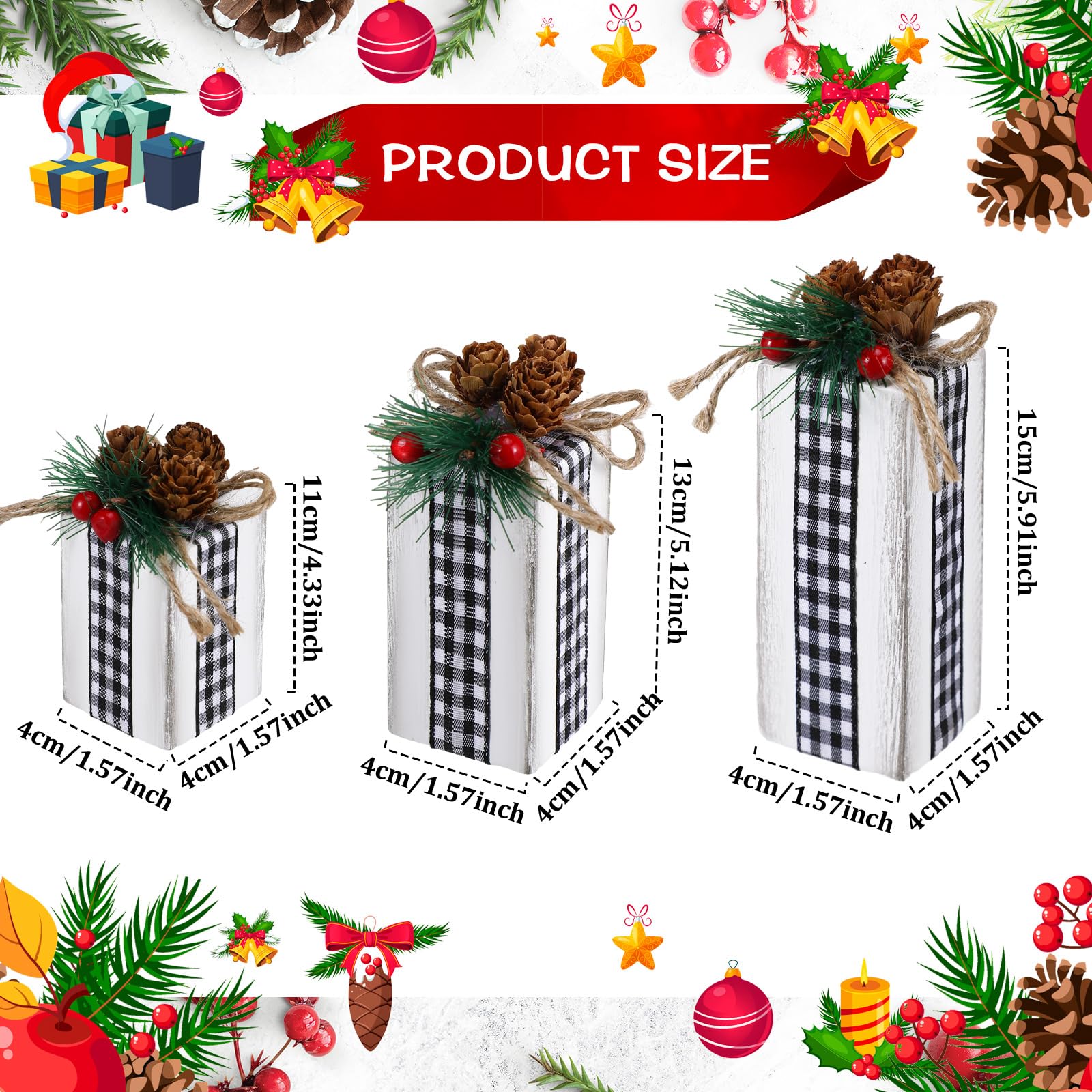 3 Pcs Christmas Table Centerpieces Christmas Table Decor Faux Present Wooden Blocks Rustic Decoration with Buffalo Plaid Bowknot for Holiday Xmas Tree Shelf Tiered Tray Decor (Black, White)