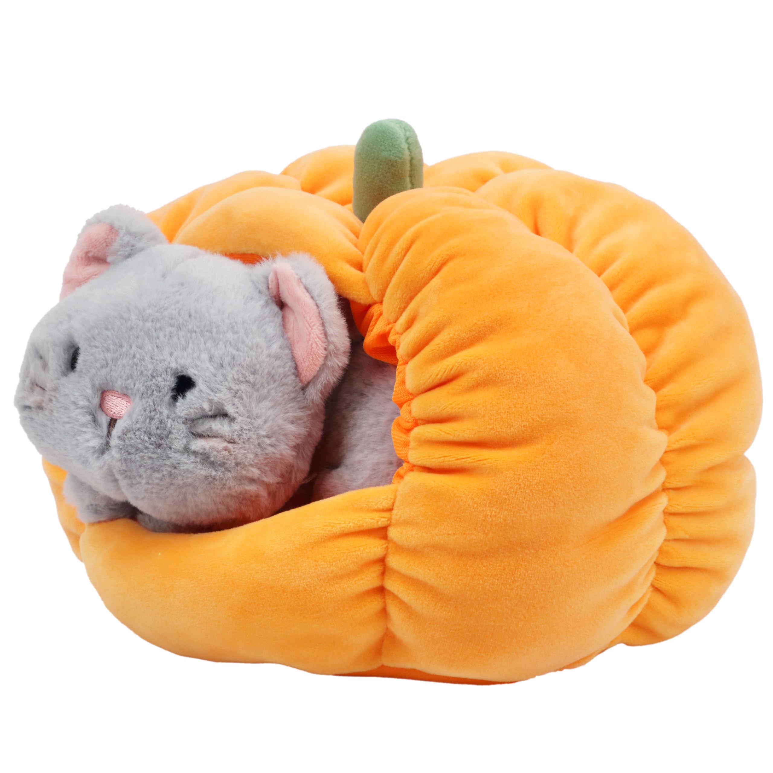 Hopearl Halloween Cat Pumpkin Cave Sufffed Animal 2 in 1 Playset Pet with Pumpkin House Plush Toy Pillow with Separable Kitty Gift for Kids, 9.5''