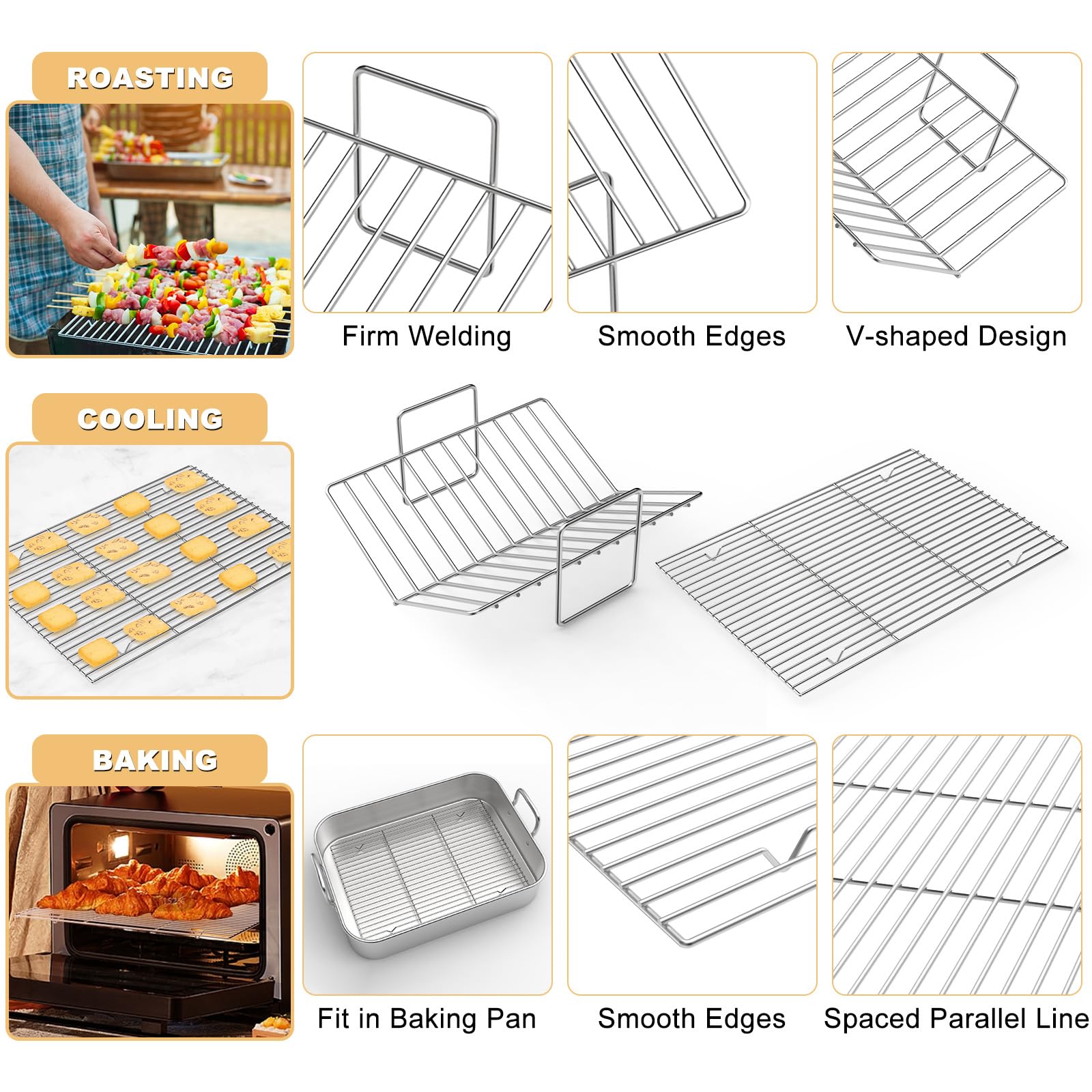 17x13in Stainless Steel Turkey Roaster with Racks - Non-toxic, Heavy Duty, For Roasting Turkey, Chicken, Meat, Lasagna