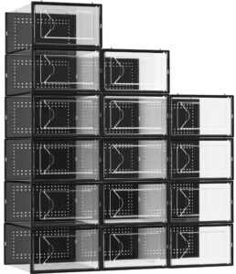 foluck shoe storage box, 15 pack clear plastic stackable shoe organizer for closet, interlocking design shoe container bins for sneakers, foldable shoe rack with lids, black