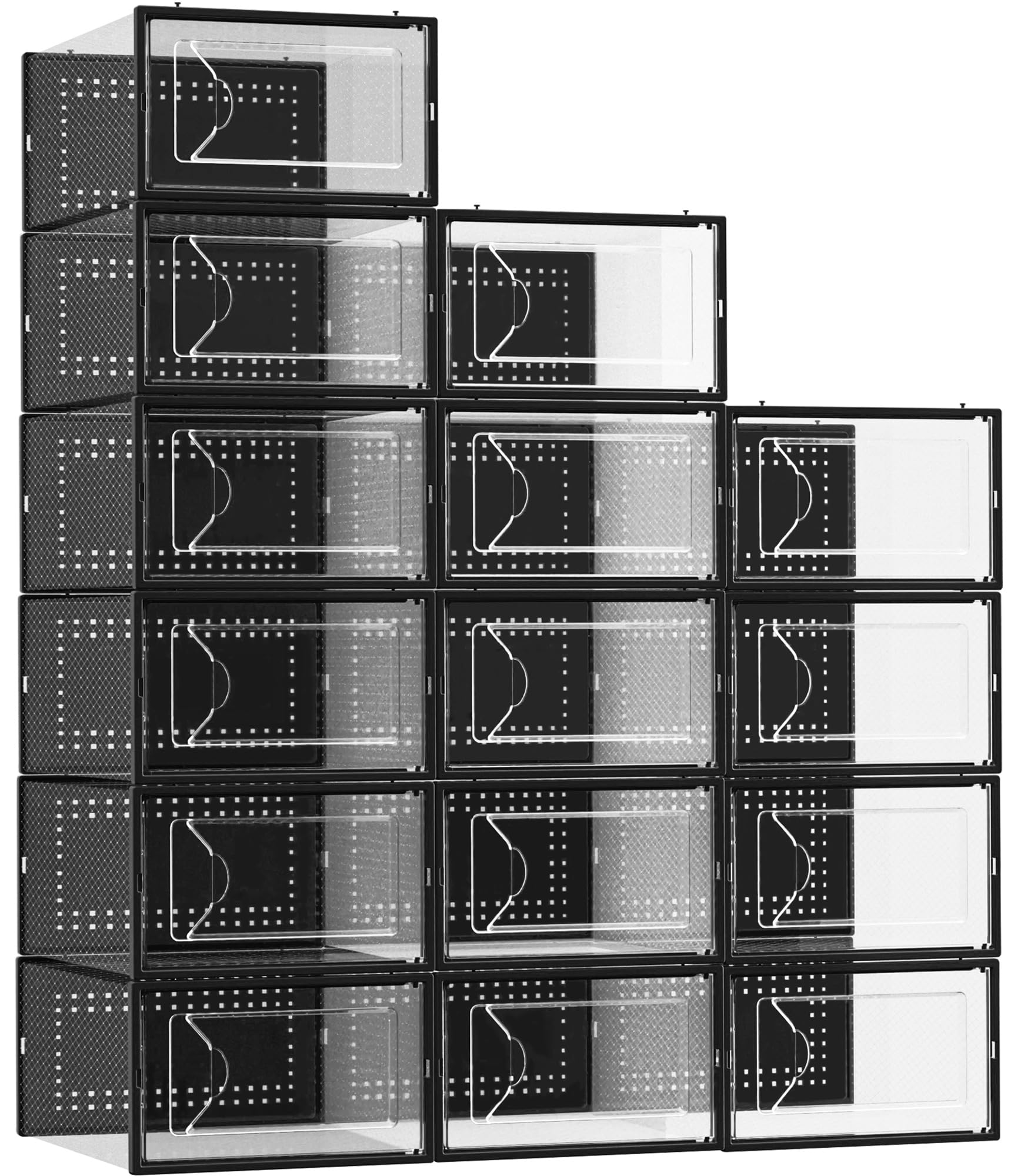 Foluck Shoe Storage Box, 15 Pack Clear Plastic Stackable Shoe Organizer for Closet, Interlocking Design Shoe Container Bins for Sneakers, Foldable Shoe Rack with Lids, Black