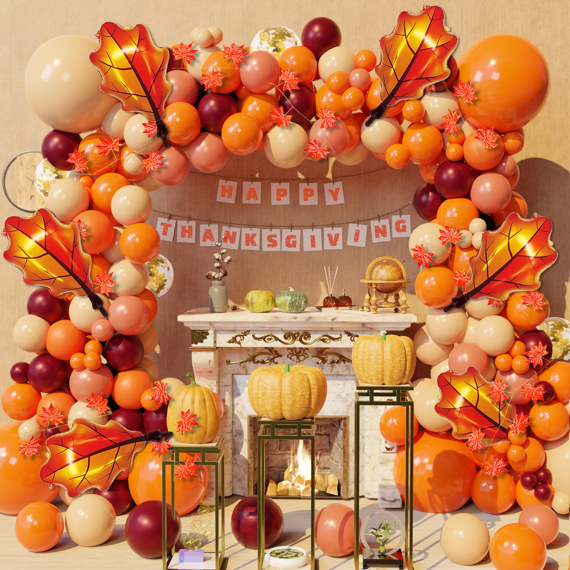 Thanksgiving Balloon Arch Kit,167PCS Fall Balloon Arch Kit, Orange Burgundy Rose Gold Confetti Balloons with Artificial Maple Leaves for Thanksgiving Decorations Autumn Party Baby Shower Decorations