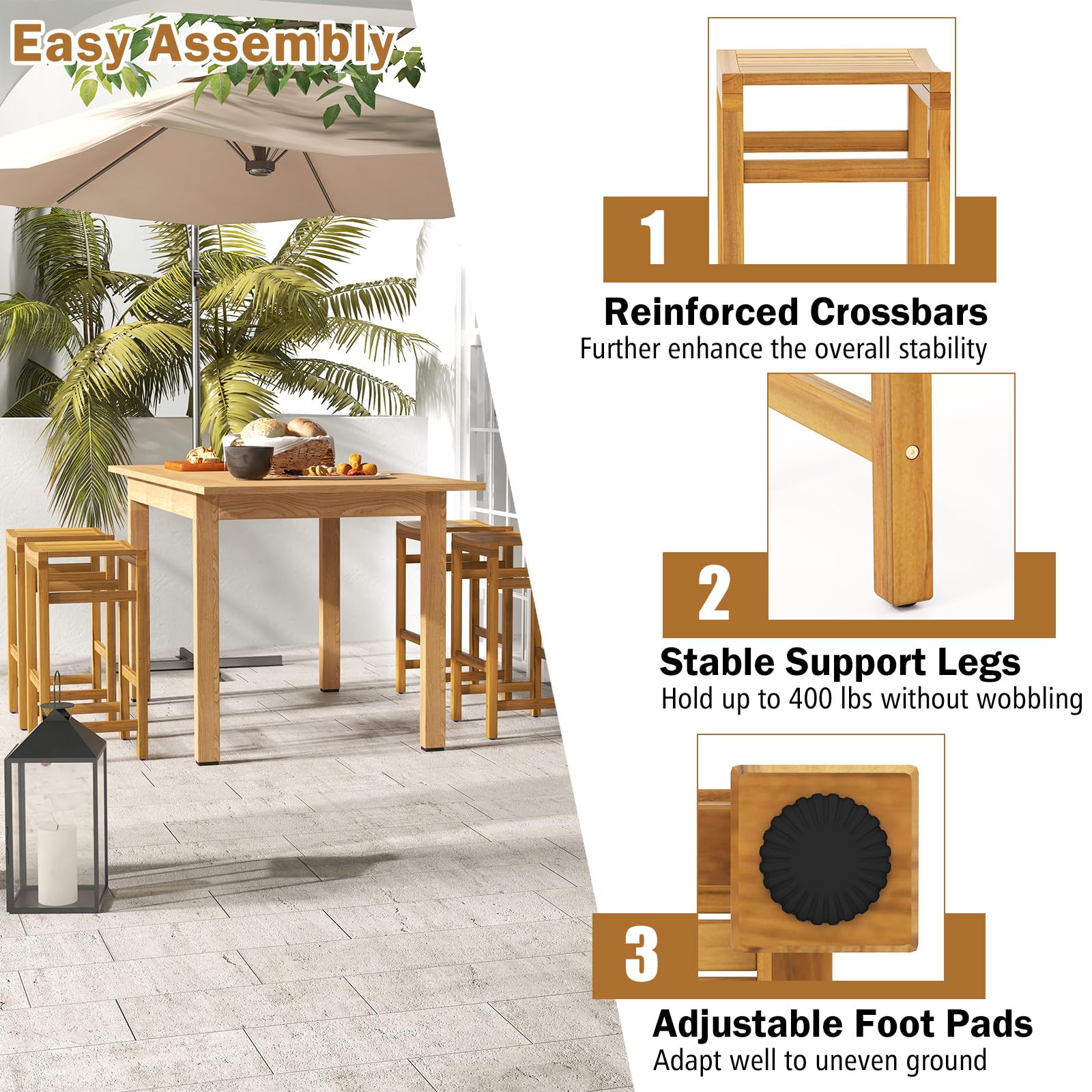 HAPPYGRILL Outdoor Wood Bar Stools Set of 2, Patio Bar Stools with Ergonomic Seat & Comfortable Footrest, Acacia Wood Bar Stools, 30-Inch Bar Height Stools for Garden Deck Balcony Poolside