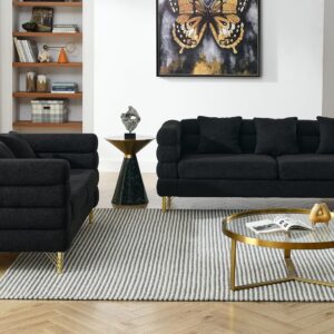 Comfy 3 Seater Sofa, 81-inch Oversized Boucle Couch with Deep Seat Design, Upholstered Sofa Couch with 2 Pillows, Modern Living Room Sofa with Stylish Metal Legs for Office, Waiting Room, Black Teddy