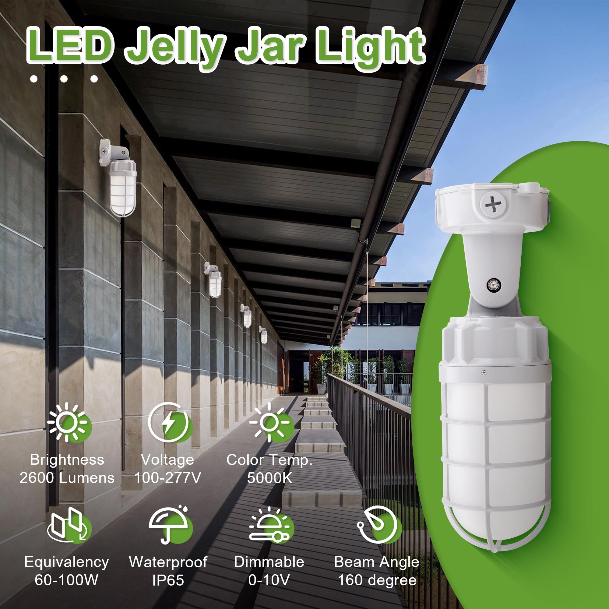 LED Vapor Tight Jelly Jar Light 21W, 5000K, Wall/Ceiling Mount Vapor-Proof LED, IP65 Wet Rated Security Cage Light for Indoor and Outdoor Lighting, UL Certified