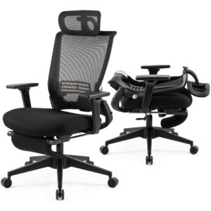 foldable office chair with foot rest, ergonomic office chair with adjustable lumbar support, headrest, armrest, high back mesh chair, home office desk chair for space saving, black