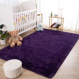 Maxsoft M Fluffy Shag Bedroom Rug, 4x6 Feet Purple Area Rugs for Living Room Nursery Bedside, Fuzzy Plush Dorm Rug for Girls Kids, Furry Carpet for Indoor Modern Soft Home Decor