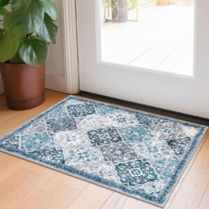 kilococo 2x3 small area rug, moroccan entryway rugs indoor vintage washable rug non-slip indoor door mat, accent print faux wool throw rug for laundry kitchen bedroom entrance, blue/multi