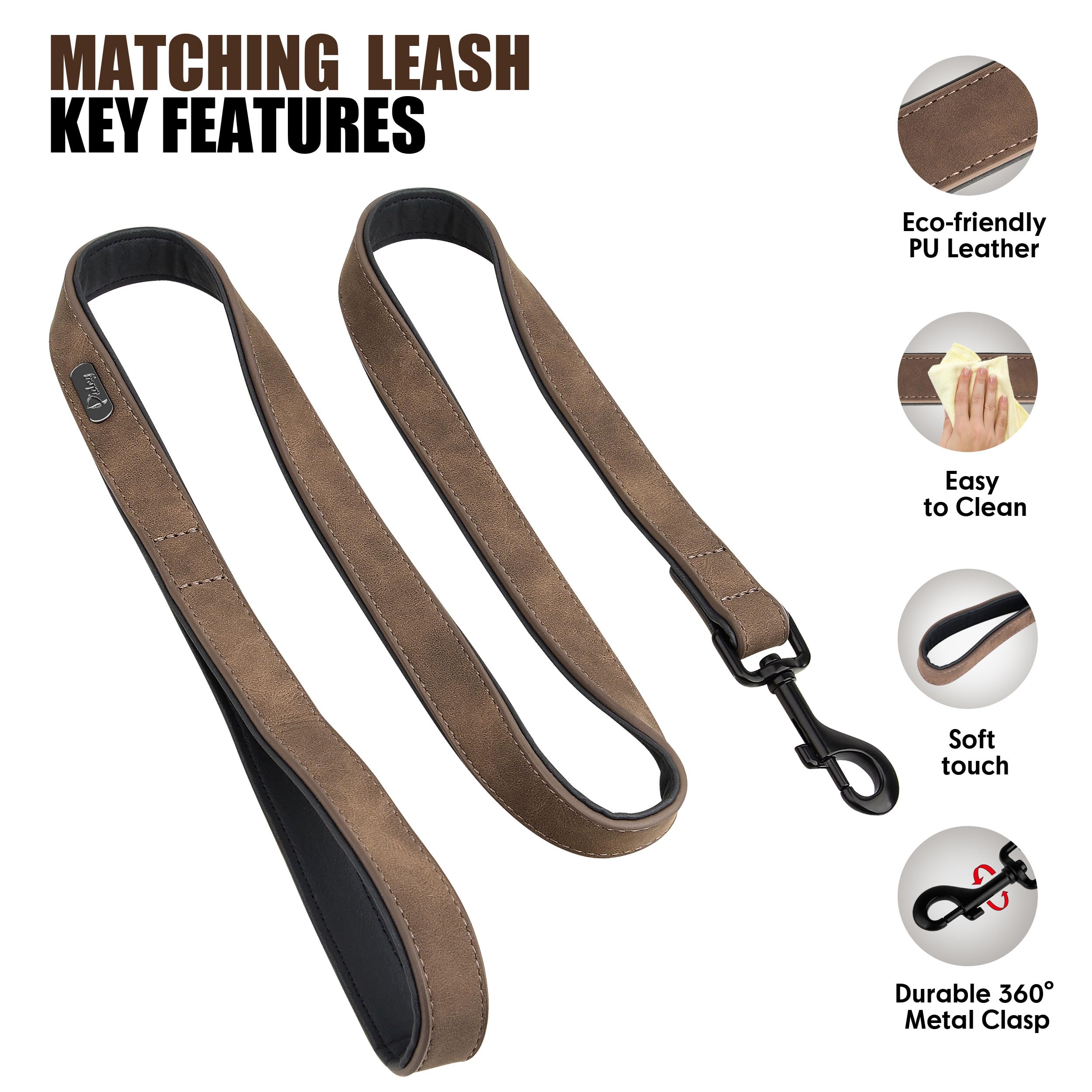 Didog Soft Padded Leather Dog Collar and Leash Set, Heavy Duty Dog Leash and Collar Set with Metal Buckle, Breathable Dog Collars with 4FT Leather Dog Leash for Small Medium Large Dogs, Brown, L