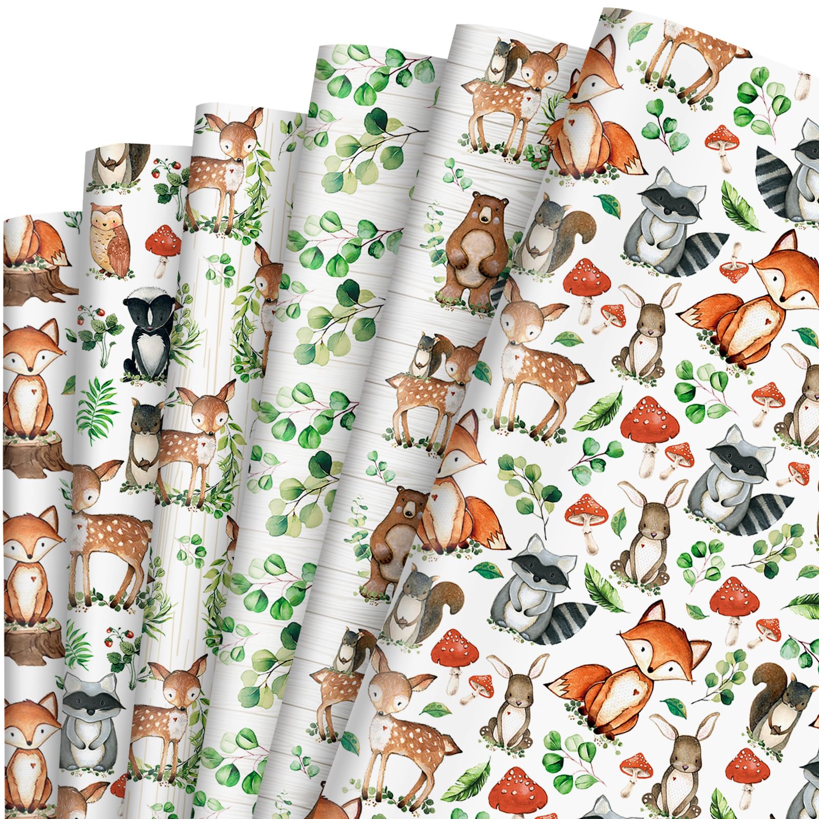 AnyDesign 12Pcs Woodland Creature Wrapping Paper Woodland Animal Eucalyptus Gift Wrap Paper Folded Flat Forest Theme Art Paper for Birthday Baby Shower DIY Crafts Gift Wrapping, 19.7 x 27.6 Inch