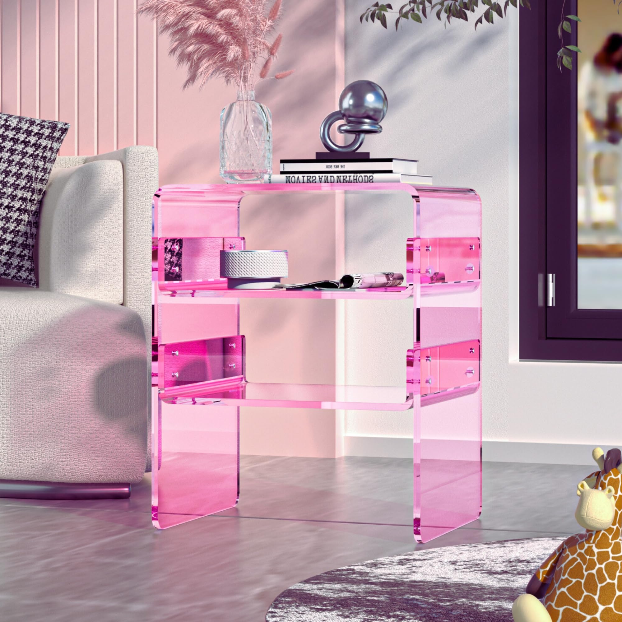 Clear Acrylic 3-Tier End Table/Nightstand – Sleek Bedside Storage with Durable Design, Perfect for Bedrooms, Living Rooms, or Modern Interiors – Ideal as a Bedside Table or Sofa Side Piece (Pink)